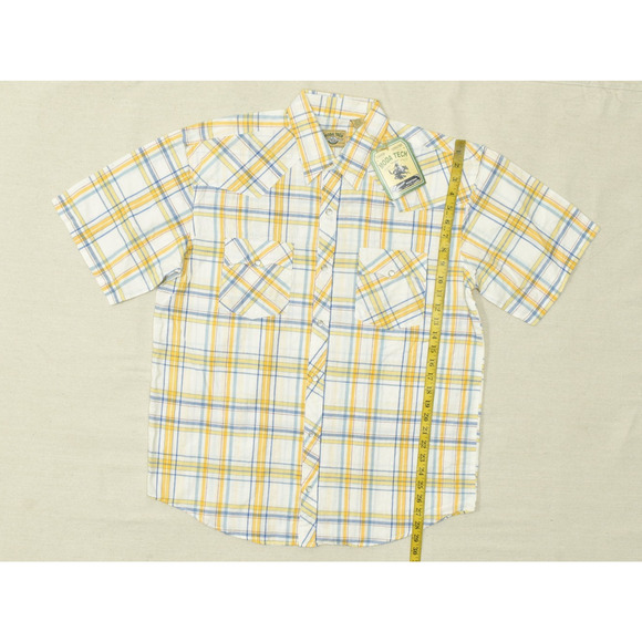 Moda Tech Men's Yellow Blue Plaid Western Snap Shirt Regular Size L NWT - Picture 1 of 8